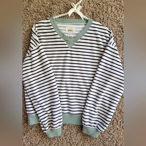 Madewell Navy and Sage Green Striped Velour V-Neck Sweatshirt SZ(Small)